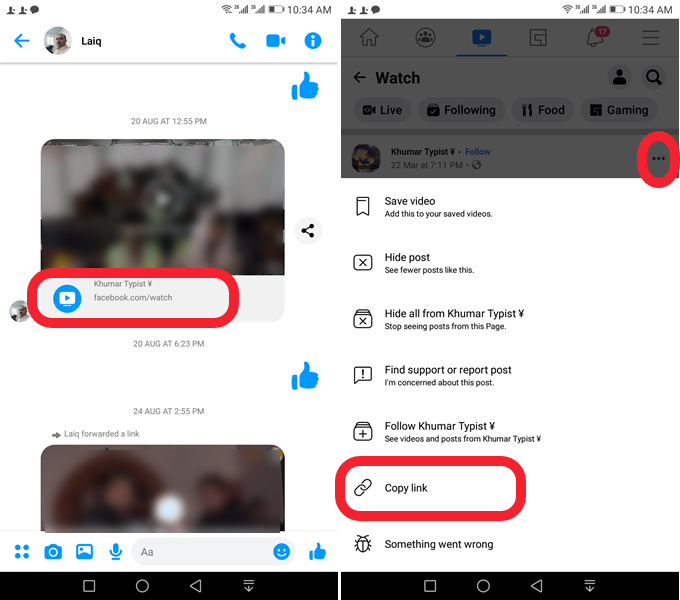 Copy video link from Messenger to save the video