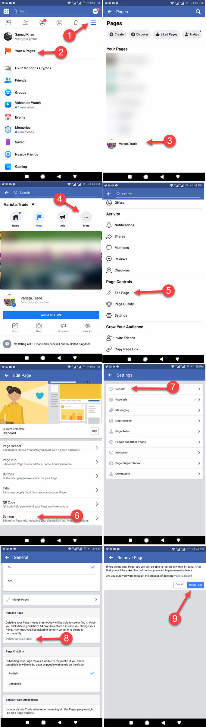 How to delete a Facebook page on Mobile app