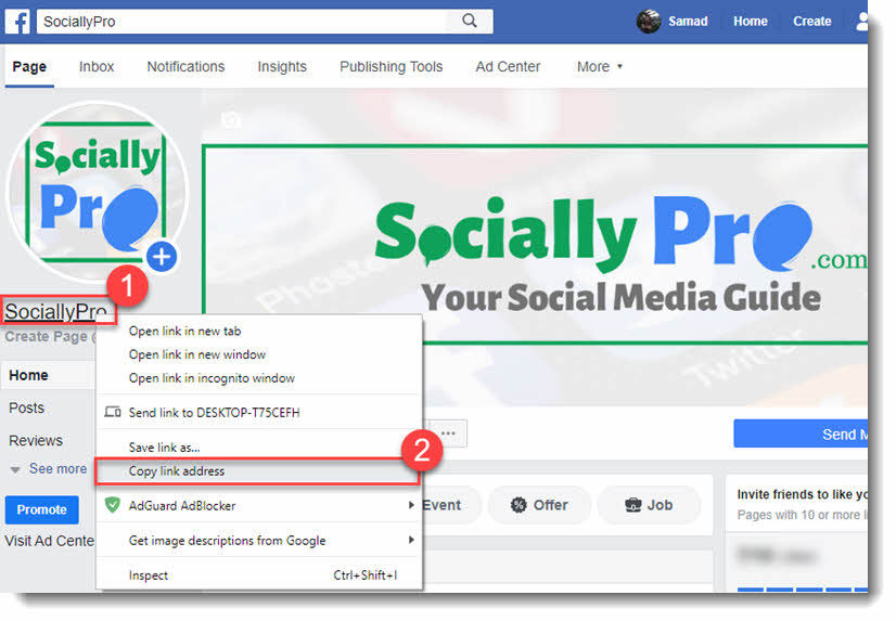 Find and copy link of your Facebook page