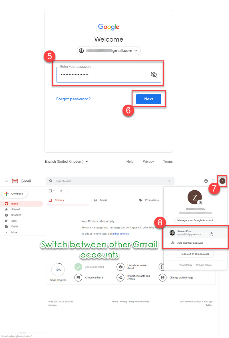 Once Gmail account is added - switch between them