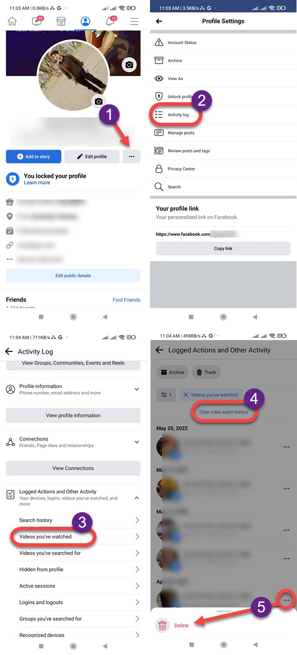 how to delete watched video history on the Facebook mobile app