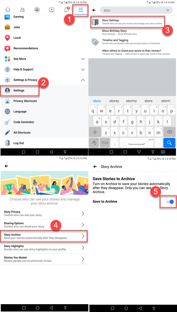 How to enable story archive on Facebook app