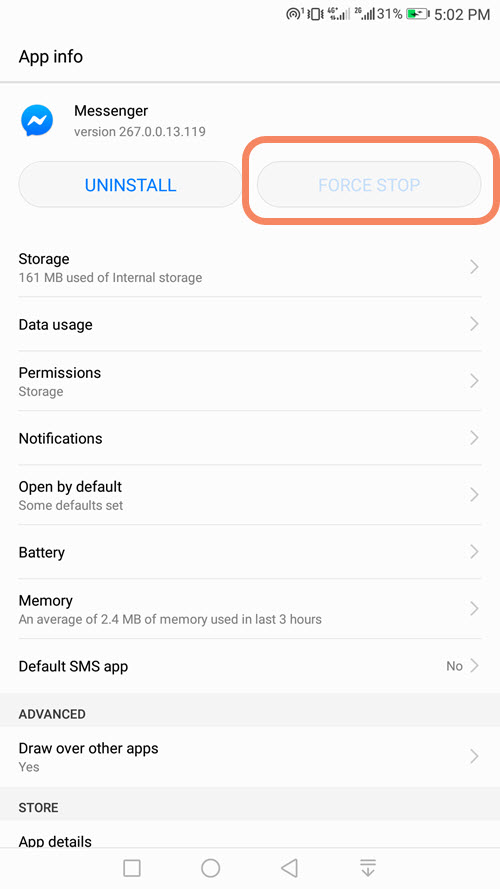 Force Stop Messenger to fix its messages problems