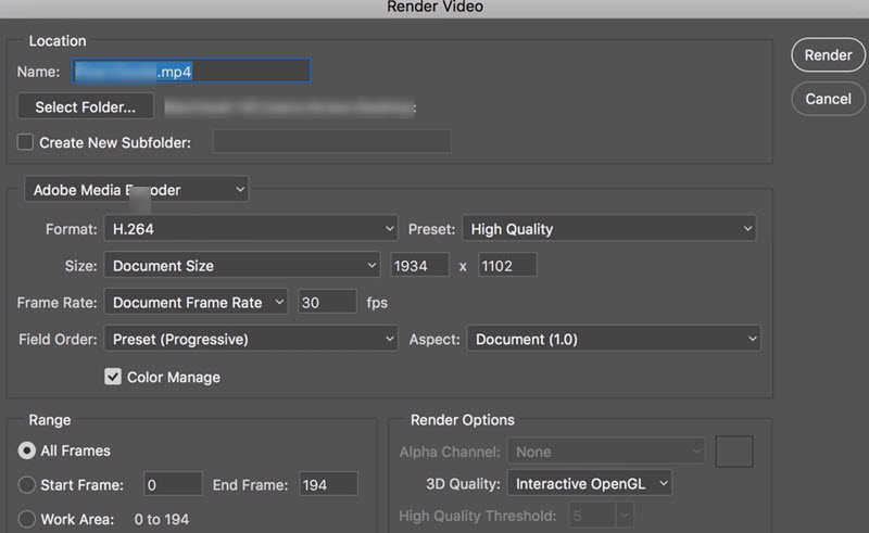 Render a video to loop it on Instagram using Photoshop CC