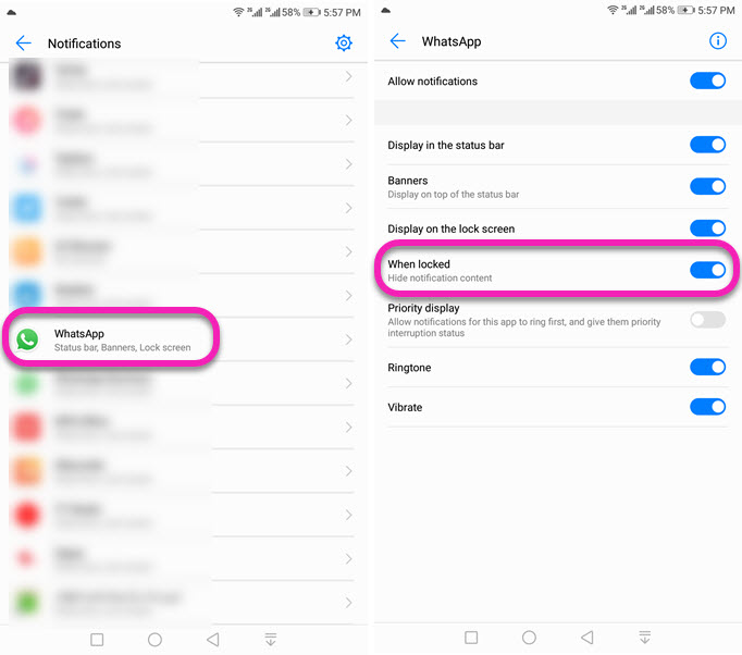 Disable Notification Preview for WhatsApp on Android