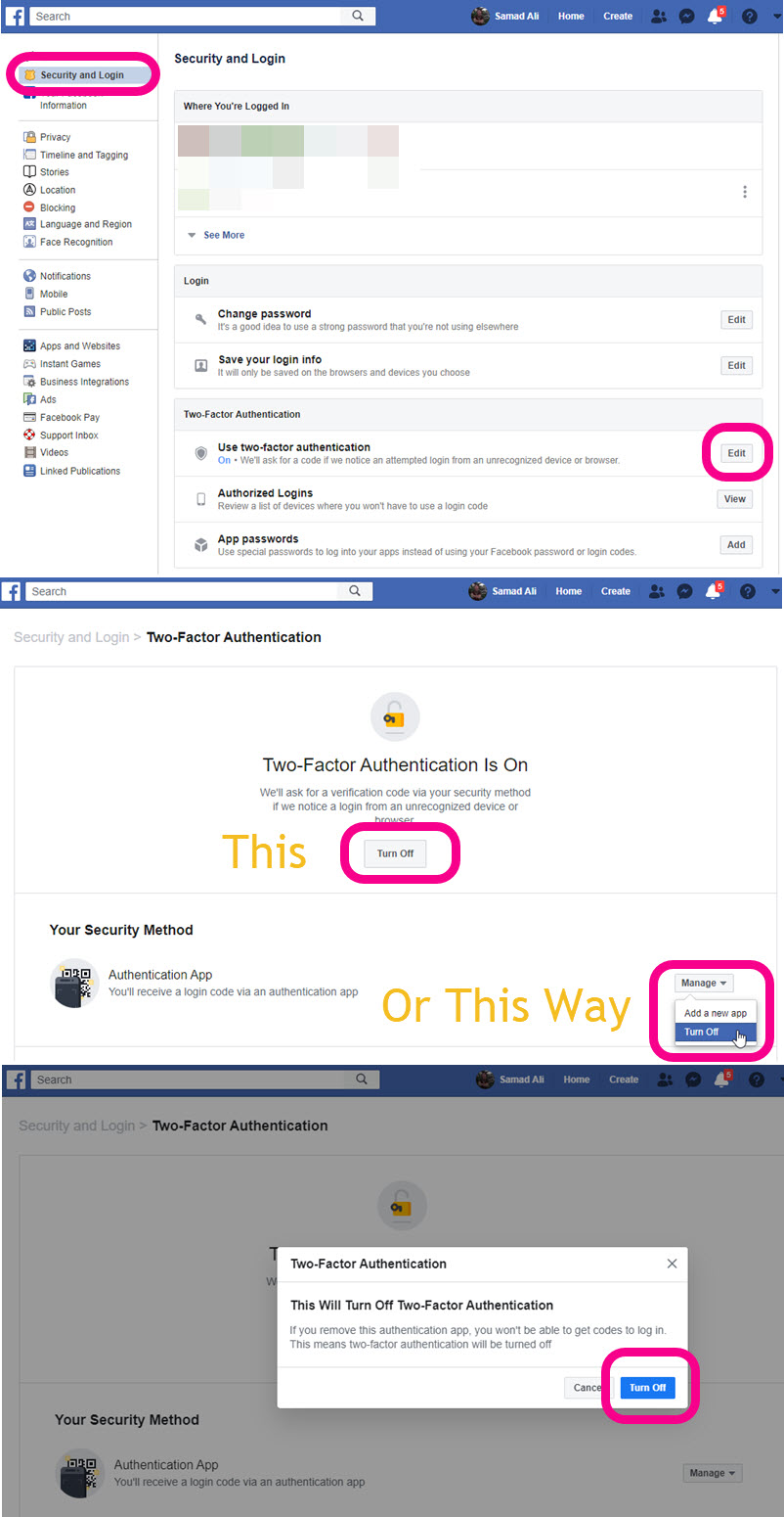Turn off two-factor authentication on Facebook