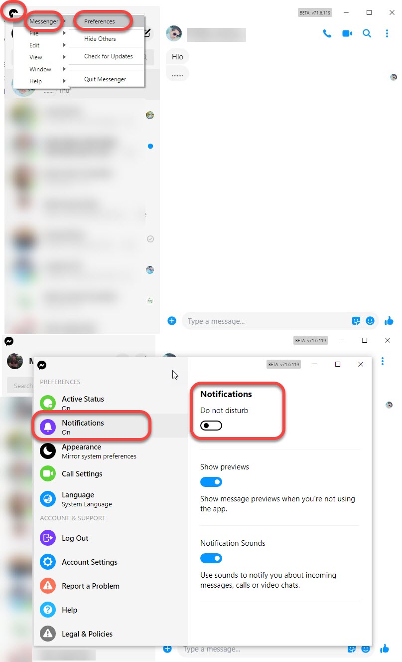 Turn off Messenger notifications on messenger app for PC