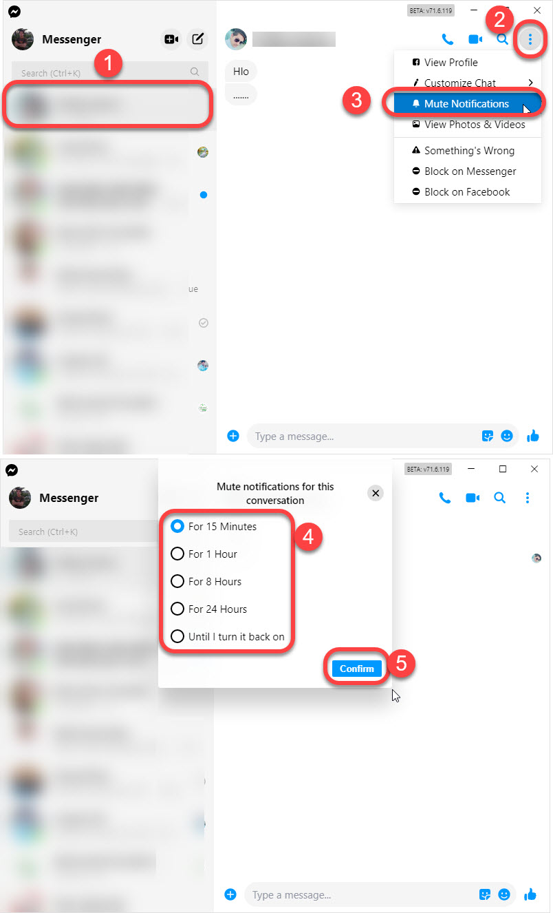 Turn off all Messenger Notifications for one person on Messenger app for PC