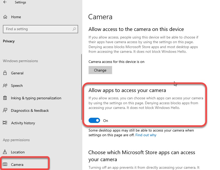 Allow apps to access your camera device