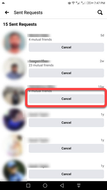 Cancel a sent friend request on Facebook app