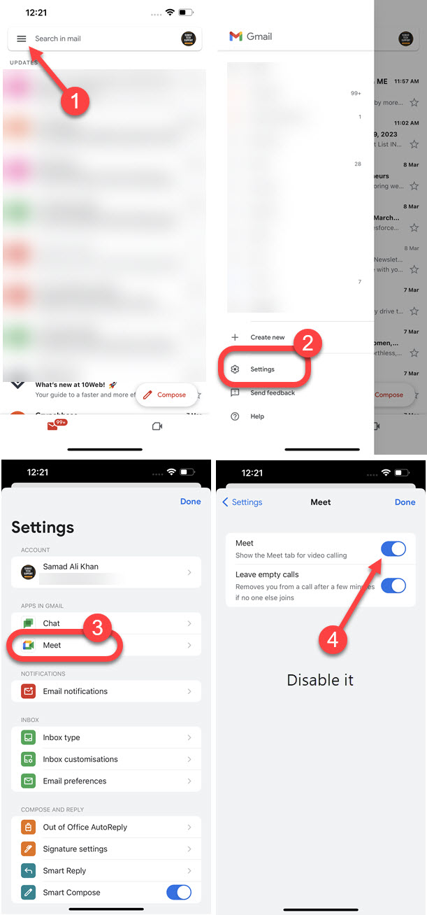 Disable Google Meet in Gmail app on iPhone