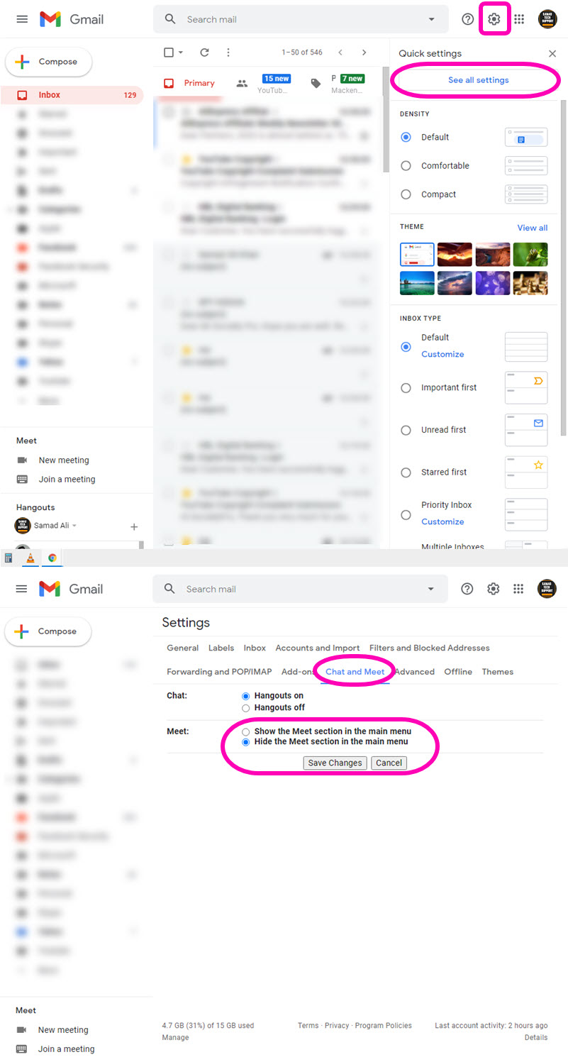 Hide or Turn off Meet in Gmail for desktop