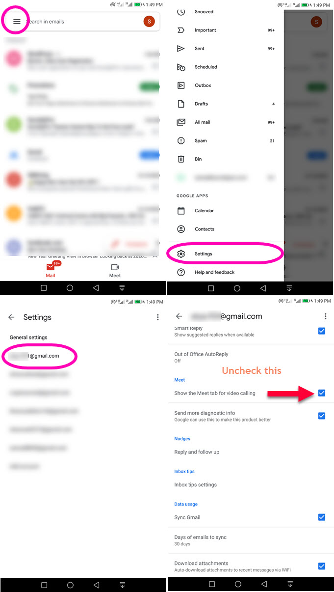 Turn off Meet in Gmail App for Android and iPhone