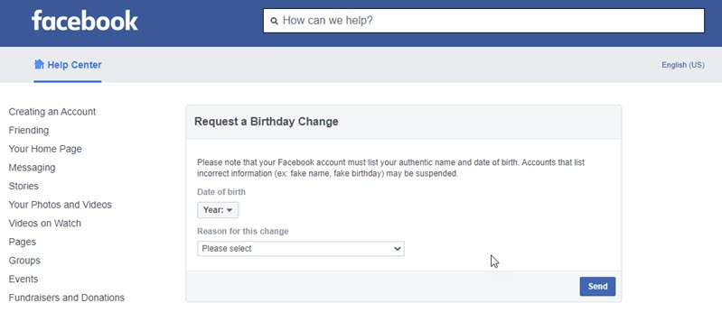 Request a birthday change on Facebook