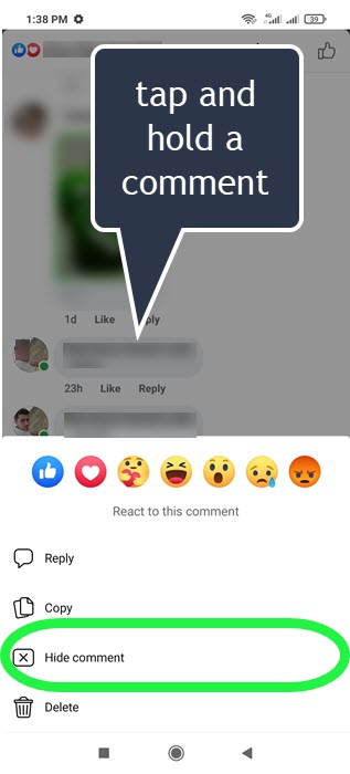 How to hide a comment on Facebook app