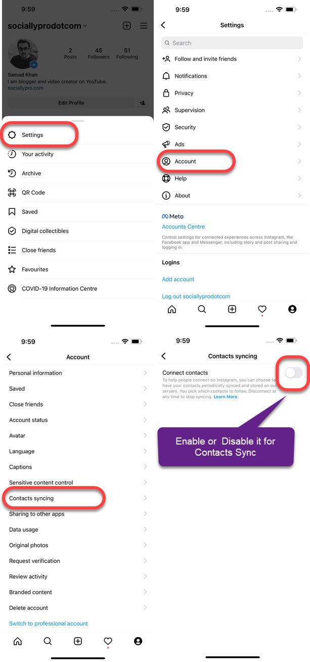 Enable or disable contacts sync on Instagram on iPhone