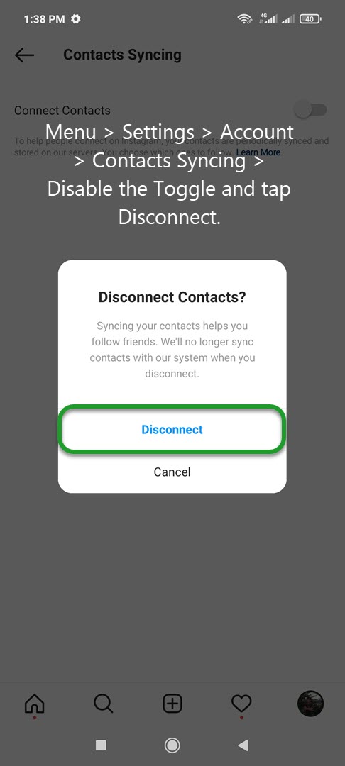 How to disable contacts sync on Instagram