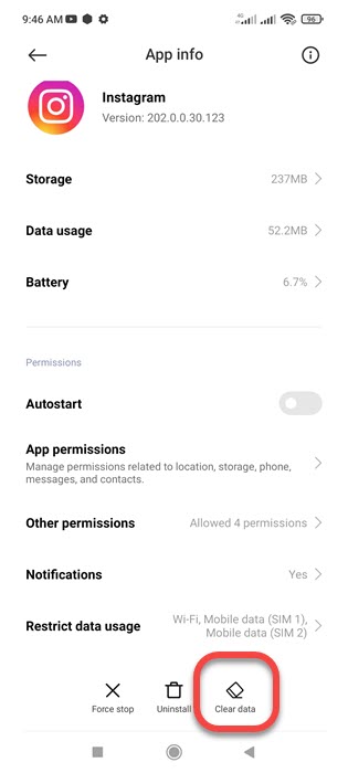 Clear Instagram cache files and data