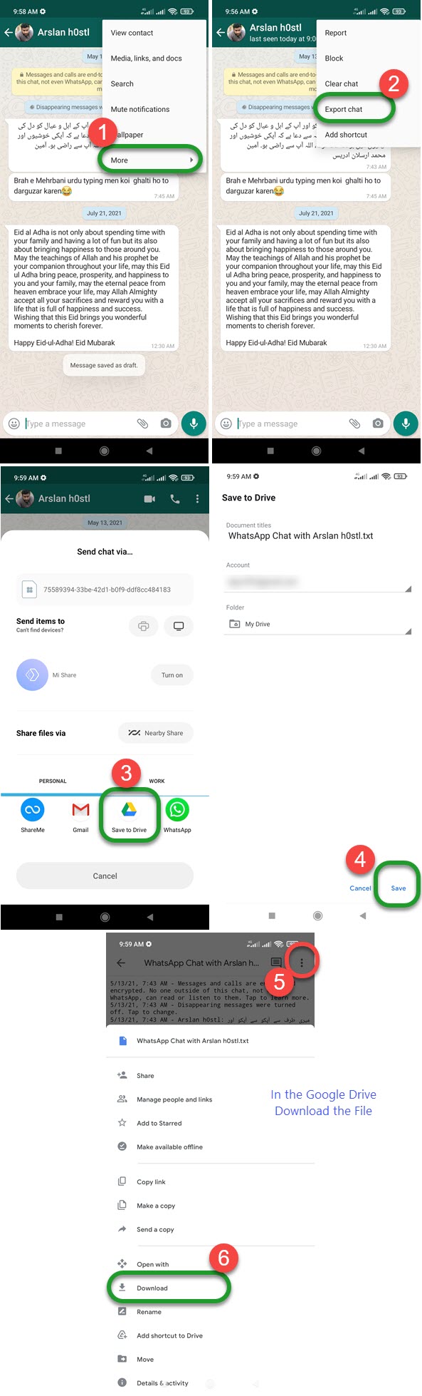 Export WhatsApp Chat to Google Drive then Download it