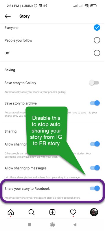 Stop Auto Share Instagram Story to Facebook