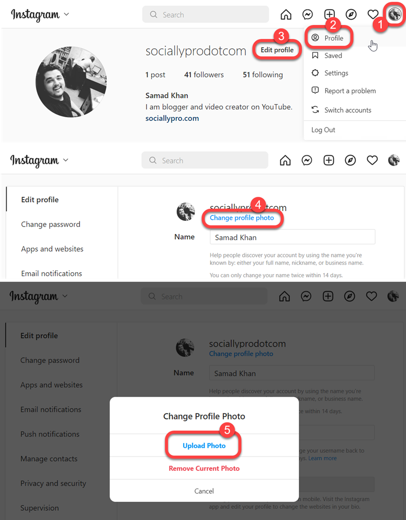 How to change Instagram DP on PC