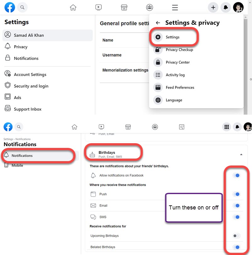 How to turn on or off birthday notifications on Facebook PC