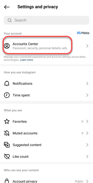 Tap Accounts Center on IG Settings Page
